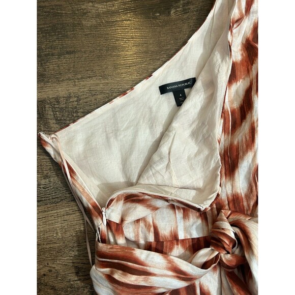 Banana Republic One Shoulder Dress Womens Size 4 Multi Linen‎ Ruffle Tie Waist - Picture 4 of 14